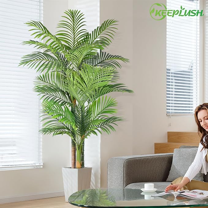 6ft Tall Triple Golden Cane Palm Artificial Tree Large Tropical Palm Tree UV Resistant Fake Plant in Pot for Indoor Outdoor Big House Living Room Outside Patio Office Home Decor 1Pack