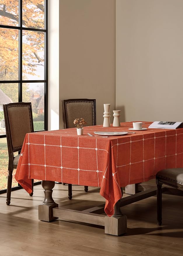 ZeeMart Grid Embroidered Hemmed Tablecloths, Orange 60x60 Inch, Farmhouse Style Heavy Weight Cotton Linen Burnt Orange Fall Tablecloths, Boho Plaid Water Resistant Square Table Cloth