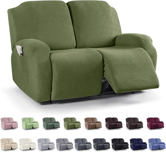 KinCam Recliner Covers, Stretch Reclining Chair Covers, Recliner Sofa Slipcovers Stripe Jacquard Recliner Couch Covers Furniture Protector Covers for Pet Kid (2 Seater, Olive Green)