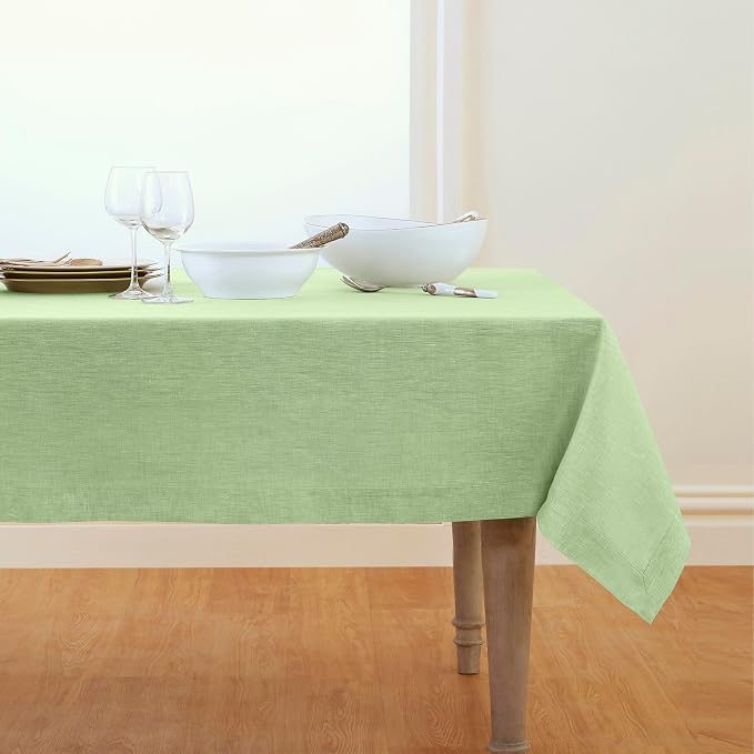 Solino Home Linen Tablecloth 60 x 108 Inch - 100% Pure Linen Chambray Green Table Cloth for Rectangular Tables - Athena, Machine Washable Cloth Tablecloth for Summer