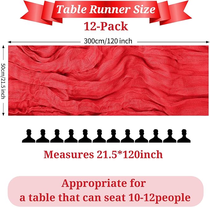 12 Pack Red Cheesecloth Table Runner, 10FT Cheesecloth Rustic Boho Table Runner Long Romantic Semi Sheer Table Runner for Wedding Baby Shower Birthday Bridal Party Decorations(21.5×120 Inch)