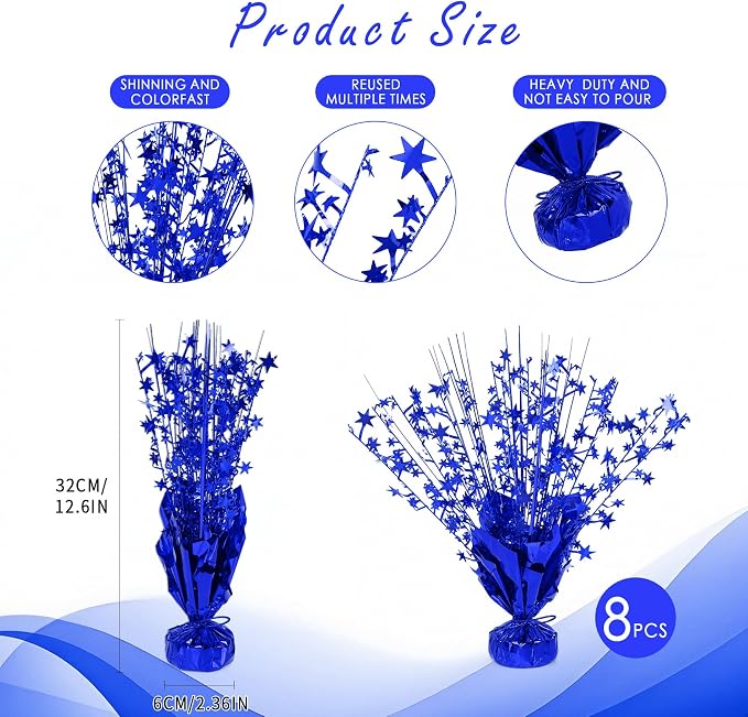 8 Pack Metallic Star Spray Centerpieces for Tables - Bulk 12.4" Foil Fountain Table Decorations for Large Events, Graduation 2026, Wedding Reception (Blue)
