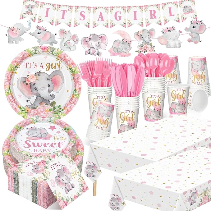 405 Pcs Pink Elephant Style Baby Shower Decorations for Girl, It's a Girl Tableware Set Baby Shower Plates Napkins Cup Cutlery, Pink Elephant Party Supplies with Tablecloth, Serves 50 Guests