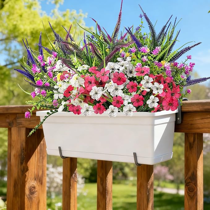 Artificial Flowers for Outdoor,18 Bundles UV Resistant Fake Plants for Outside Window Box Porch & Hanging Planters-Realistic Plastic Faux Flowers for Garden Patio Wedding Decor (Magenta,Purple,Red)