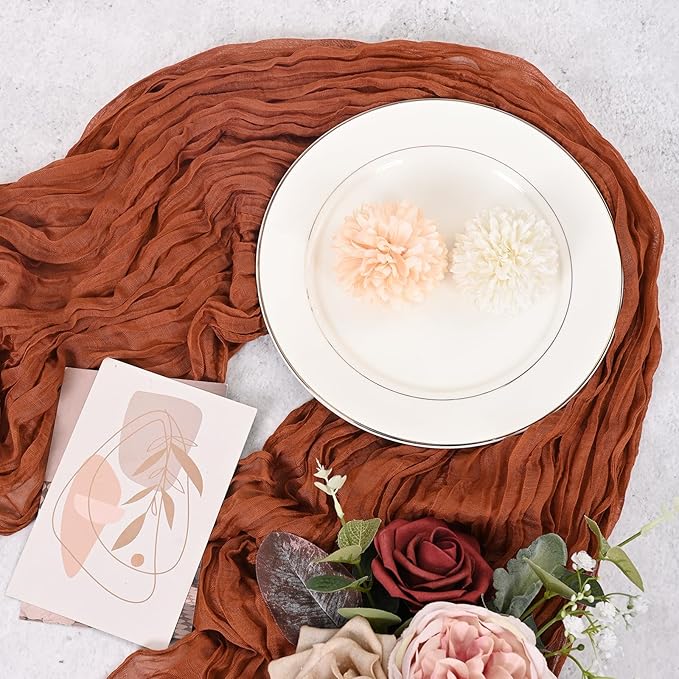 12 Pack Terracotta Cheesecloth Table Runner 120 inch Fall Thanksgiving Boho Rustic Gauze Farmhouse 10FT Cheese Cloth Runner for Baby Shower Wedding Party Holiday Home Decor
