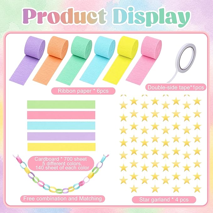 700 Sheet Macaron Paper Chain Strips and Star Garland Set, Pastel Paper Chains and 52 ft Gold Star Decor with 492 ft Crepe Paper Streamer for DIY Colorful Craft Birthday Wedding Theme Party