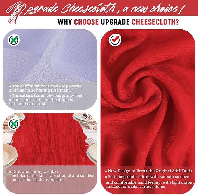 24 Packs Red Cheesecloth Table Runner,10ft Rustic Gauze Boho Wedding Table Runner Decoration, Wedding Table Decor Sheer Table Runner for Wedding Party Bridal Shower Table