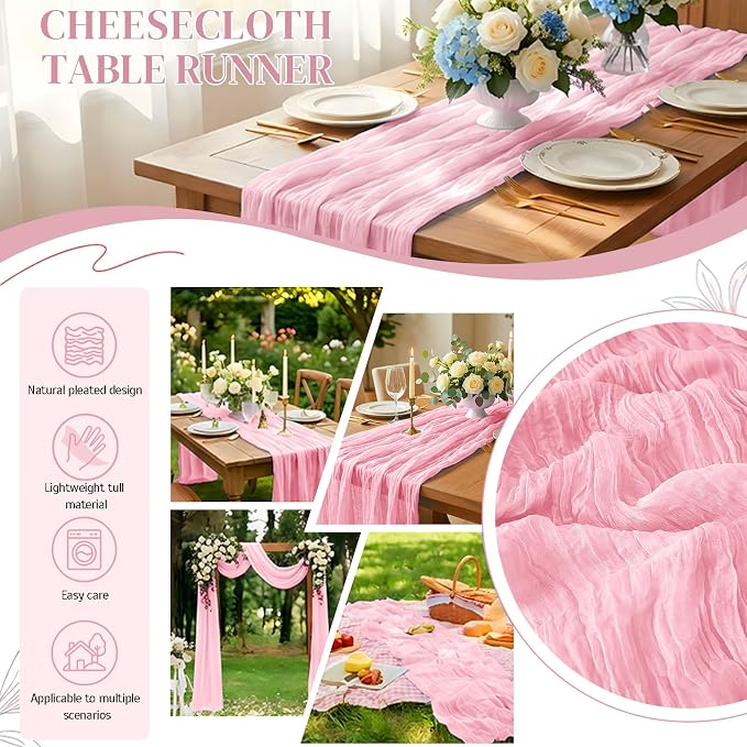 6 Pack Light Pink Cheesecloth Table Runner 21x120 Inches, Boho Gauze Rustic Semi Sheer Cheese Cloth Table Runners for Easter Wedding Bridal Baby Shower, Birthday Party, Long Farmhouse Table Decor