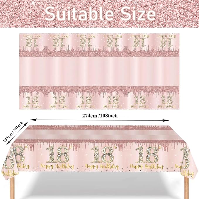 121Pcs 18th Birthday Party Supplies Plates Napkins Cups Forks Tablecloth Rose Gold Happy 18th Birthday Themed Disposable Tableware Decorations Serves 24 Guests for Girls 18 Years