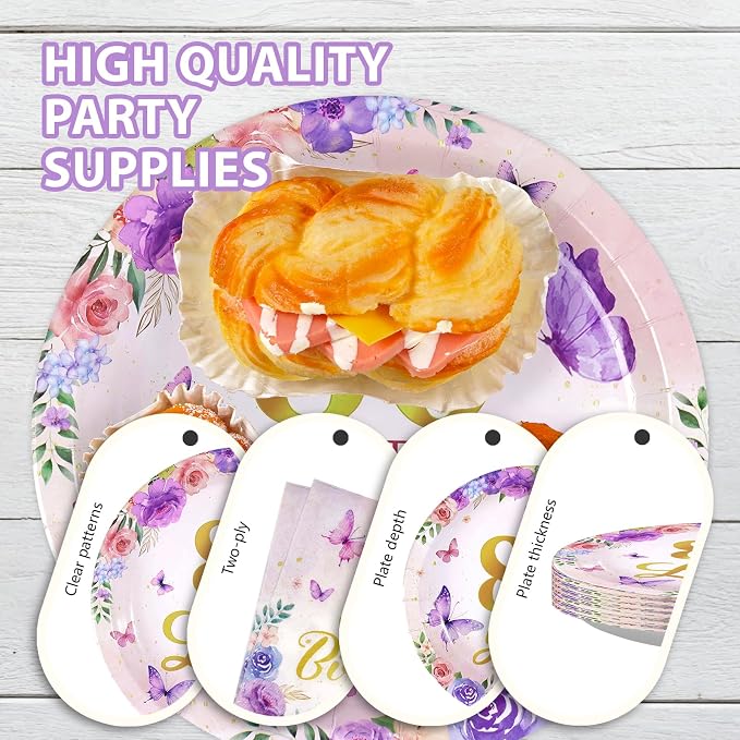 96Pcs 80th Birthday Party Decoration Purple Floral Butterfly Plates and Napkins 80 Years Loved Tableware Set for 1946 Woman 80 Year Old Mom Grandma Birthday Party Supplies Serves 24