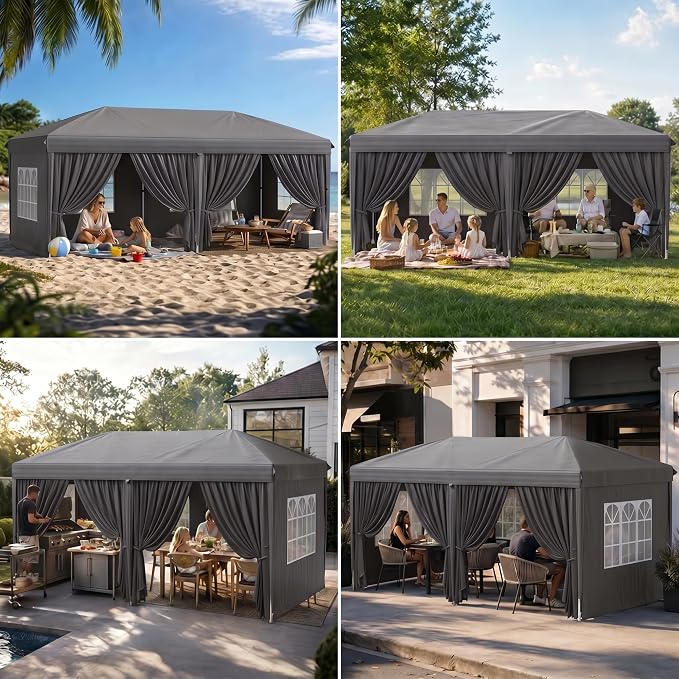 10x20 Pop Up Canopy with Sidewalls, Instant Tent with Carry Bag, Sandbags, Height Adjustable Waterproof Outdoor Canopy, Outdoor Canopy for Events, Camping, Parties (Grey)