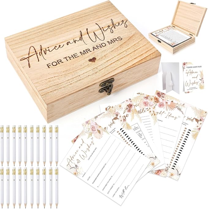 Silipull Bridal Shower Games Set for 50 Guests Includes Bingo, He Said She Said, Scramble, Would She Rather, Advice and Wishes Wedding Games Double Sided with Wooden Box, 20 Pencils (Boho)