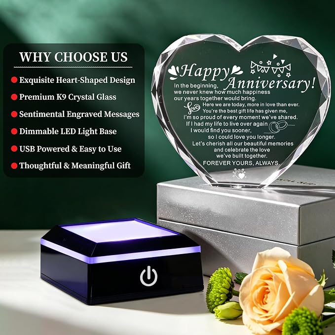 Wedding Anniversary Crystal Heart Gifts, Happy Anniversary Marriage Gifts for Wife Husband Him Her Men Women with LED Base Romantic Presents for Girlfriend Boyfriend