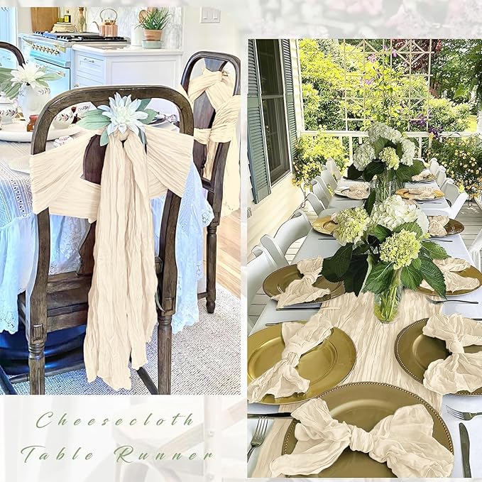 25 Pack Ivory Cheesecloth Table Runner 17 x 108 Inch Gauze Table Runner Fabric Semi Sheer Cheese Cloth Table Decor Bulk for Rustic Romantic Wedding Baby Shower Table Decoration