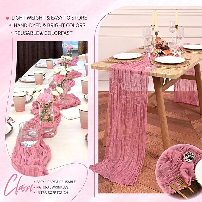 10 Pack Dusty Rose Cheesecloth Table Runner 10FT Boho Gauze Cheese Cloth Table Runners Romantic Rustic Sheer Table Decorations for Wedding Party Baby Shower Birthday Holiday Home