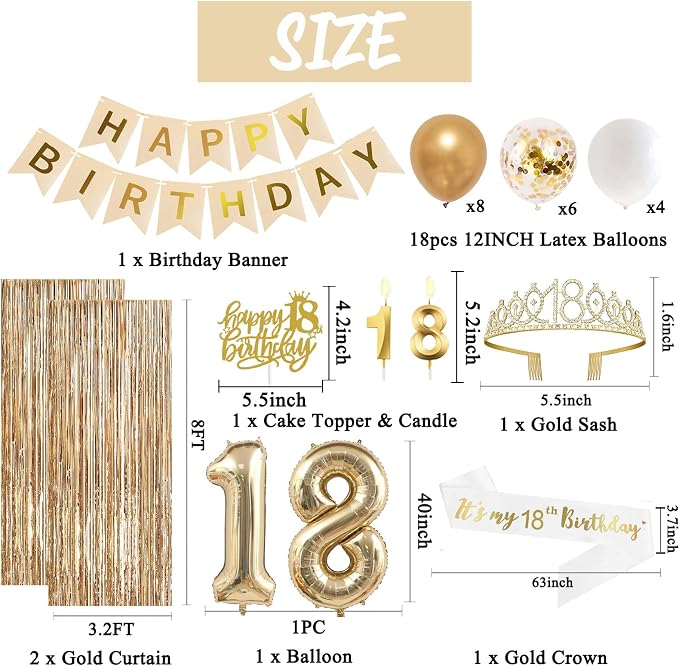 Trgowaul Happy 18th Birthday Decorations for Girls, Banner, Sash and Crown, Cake Topper, 18 Number Balloon, Fringe Curtains, Champagne Gold 18th Birthday Party Supplies