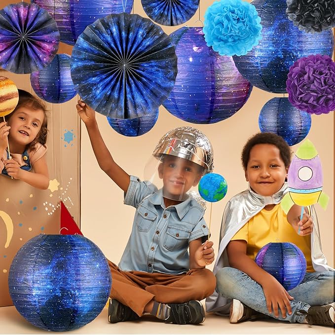 Hortsun 16 Pieces Galaxy Party Decorations Galaxy Print Paper Lanterns Paper Fans Flowers Space Themed Hanging Lanterns Ceiling Decor for Home Birthday Party Decor