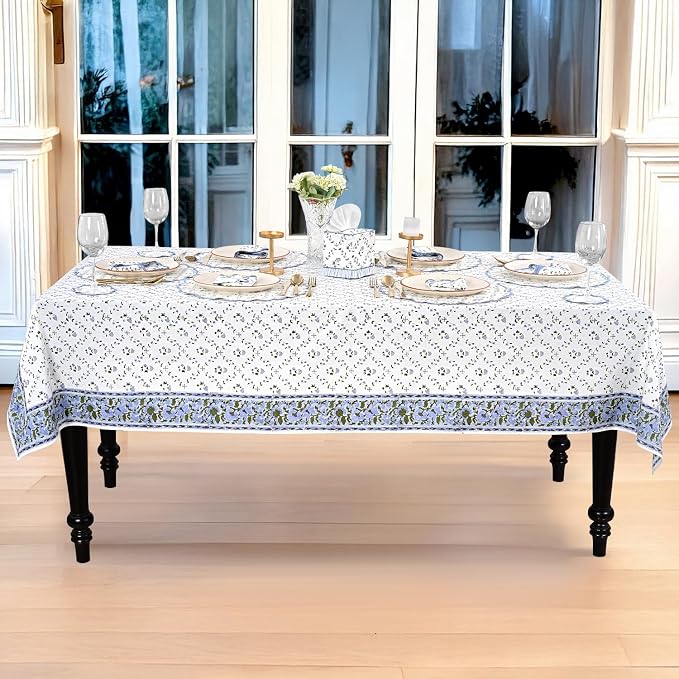 Ridhi Powder Blue Hand Block Print Cotton Rectangle Tablecloth 90" x 60" inches Reusable Table Cover Decorative Everyday Use for Dining Room, Farmhouse, Home Gift for Spring, Mother's Day