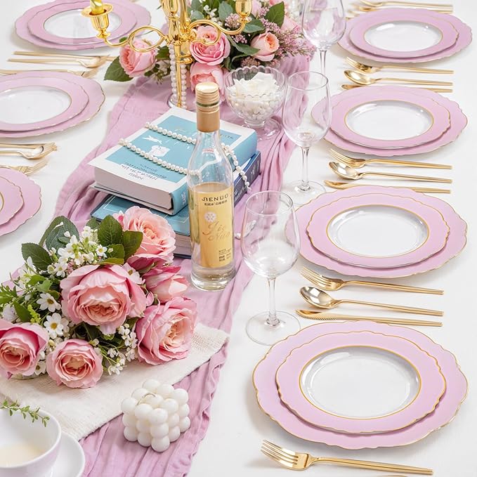 WDF 60Pcs Pink Plates Disposable with Gold Rim - Baroque Clear Pink and Gold Plastic Party Plates Ideal for Wedding/Baby Shower/Spring/Mother's Day