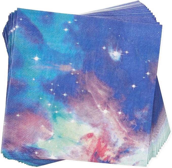 BLUE PANDA 168-Piece Space Birthday Decorations Set - Serves 24, Blue Galaxy 9" & 7" Plates, 9-Oz Cups, Napkins & 6" Cutlery - Moon & Stars Decor - Galaxy Party Cups & Cosmic Napkins
