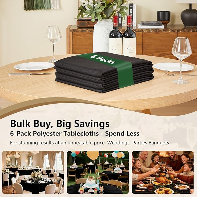 Black Round Tablecloths 6-Pack, 90 Inches in Diameter | Reusable & Washable Table Cloths for 30-72 Inch Round Tables, Polyester Fabric Tablecloth for Wedding, Party, Banquet