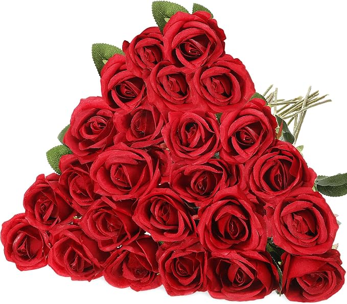 Hotop 20 Pcs Artificial Rose Flowers with Long Stem, Real Lifelike Silk Realistic Plastic Bouquet Roses Bulk for Home Decor Bridal Wedding Party Table Centerpieces Decorations(Red)
