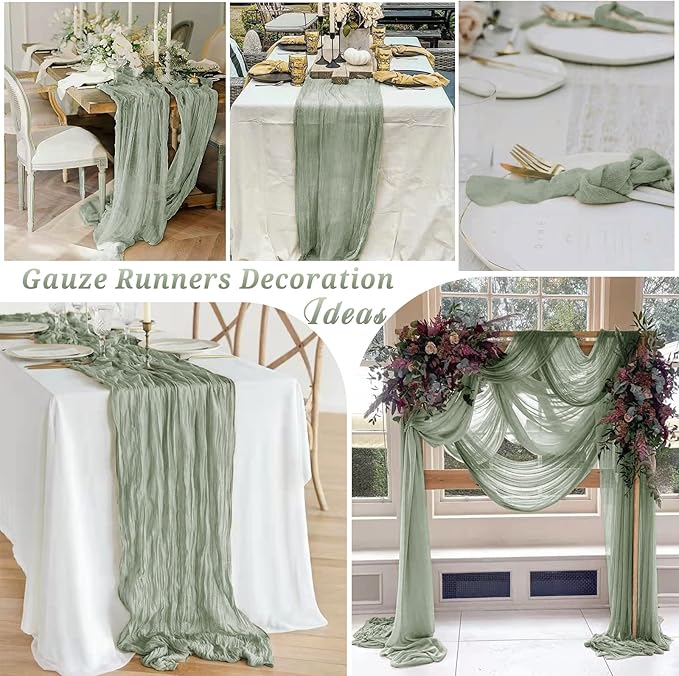 10 Pcs Sage Green Cheesecloth Table Runner 10FT, Gauze Table Runner for Wedding Reception Sheer Bridal Shower Birthday Party Boho Table Decoration, Rustic Romantic Wedding Runner