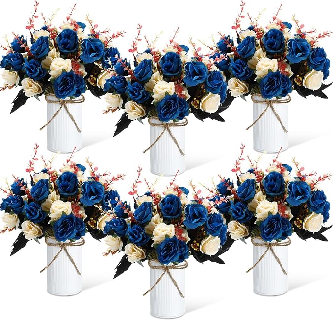 Domensi 6 Sets Wedding Centerpiece for Table Artificial Rose with Vase Fake Bouquets and Metal Pot Flower Arrangements for Bridal Shower Birthday Party Event Table Decor (Dark Blue)