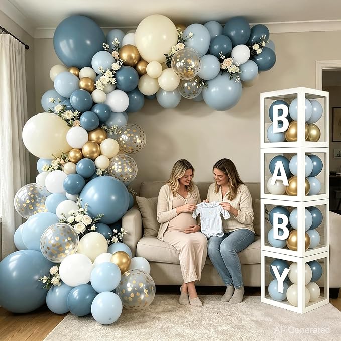 Dusty Blue Balloons Baby Shower Decorations for Boy, Dusty Blue Beige White Gold Confetti Balloon Arch Kit Baby Boxes with Letters for Gender Reveal Boy Birthday Wedding Bridal Party Decorations