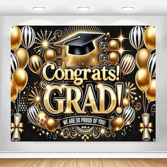 Graduation Backdrop 10x8ft Class of 2026 Congrats Grad Banner Black and Gold Congratulations Graduate Decorations Large Prom Party Photo Background Supplies for High School College Celebrations