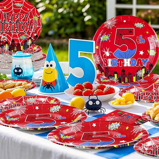 Grencian 96Pcs Cartoon Spider Birthday Party Decorations Red Blue Spider 5th Birthday Party Plates Disposable Super Theme Paper Tableware Set for Spider Kids 5 Year Old Supplies, Serves 24
