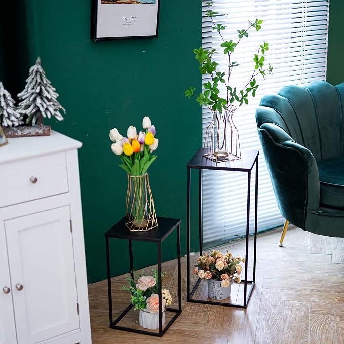 Black Tall Plant Stand: 23.6in, With Metal Panel, Packs of 2 | Columnar Cube Shape, Easy to Assembly, Flowers Cakes Drinks Display Table Centerpieces for Wedding Party Event