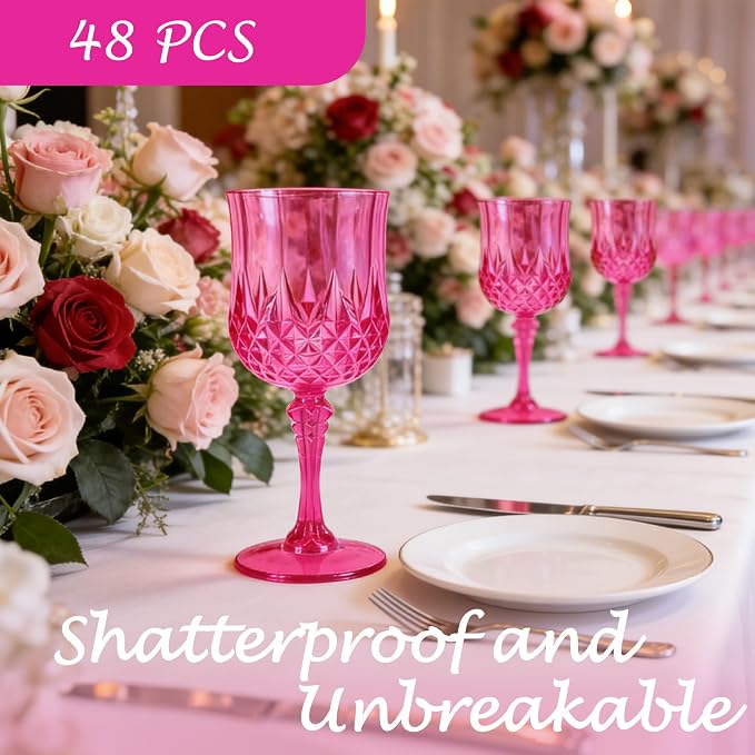 Plastic Wine Glasses, Plastic Goblets Vintage Style Cordial Unbreakable Drinking Glasses, Reusable Drinkware for Wedding Reception, Grand Event Party Supplies (48, Hot Pink)