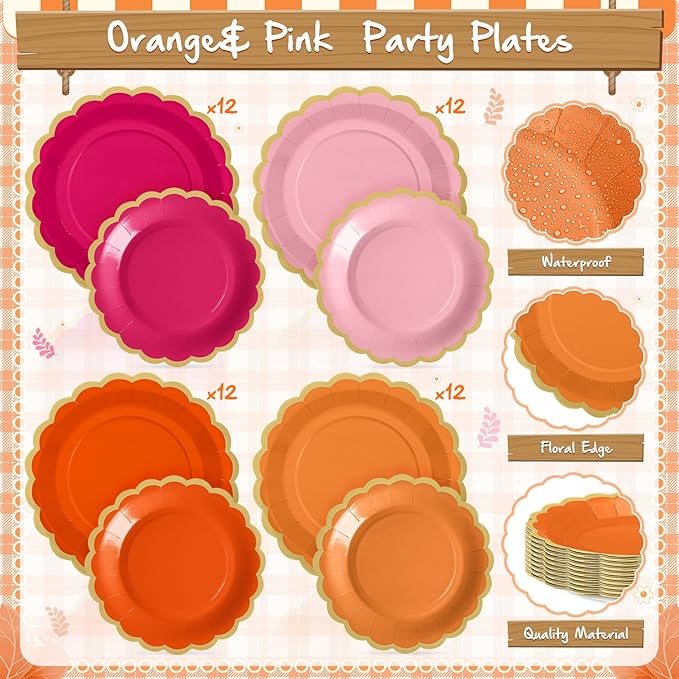 Mimorou 338 Pcs Pink and Orange Plates and Napkins Party Supplies for Guests Hot Pink Orange Tableware Include Scalloped Plates Paper Napkin Cup Spoon Fork Knife for Baby Shower, Wedding, Birthday