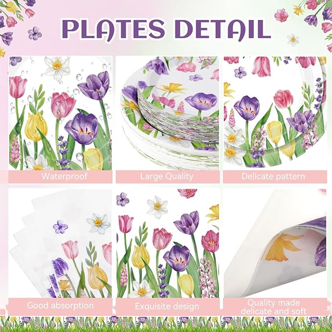 Funnymoom 250 Pcs Tulip Floral Paper Plates and Napkins Spring Party Supplies Flower Disposable Tableware Set for Tulip Easter Spring Wedding Bridal Baby Shower Birthday Tea Party Decoration