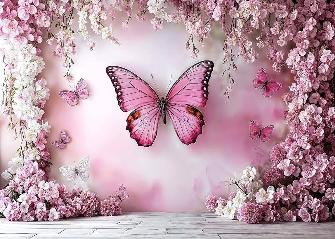 12x10ft Flower Butterfly Wall Backdrop Pink Floral Princess Girl Birthday Party Photography Background Photo Backdrop Art Wedding Banner Photo Studio Props