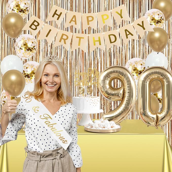 Trgowaul 90th Birthday Decorations for Women, Banner, Sash and Crown, Cake Topper, 90 Number Balloon, Fringe Curtains, Champagne Gold 90th Birthday Party Supplies
