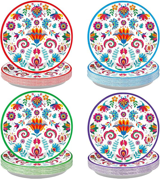 Grencian 60Pcs Mexican Fiesta Paper Plates 9" Heavy Duty Disposable White Mandala Floral Platters Cinco de Mayo Dessert Plates for Cinco De Mayo Taco Tuesday Birthday Party Supplies Decoration