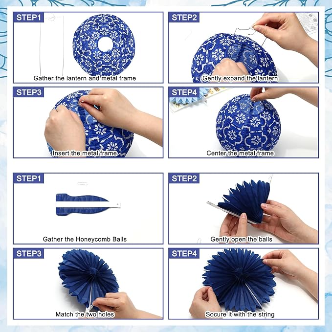 FYSUIMU 18Pcs Capri Lemon Paper Lantern Set Blue Yellow Hanging Lanterns with Honeycomb Balls Paper Fans for Summer Mediterranean Birthday Wedding Baby Shower