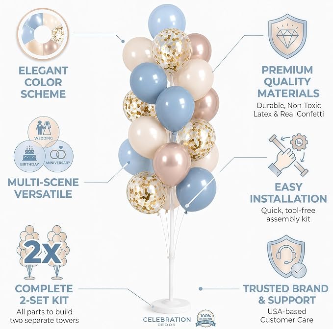 HIINS Balloon Column Kit Set of 2 with Dusty Pastel Blue Gold Balloon Base&Pole,Balloon Tower Backdrop Decoration for Wedding, Baby Shower, Birthday Party, Bridal Engagement