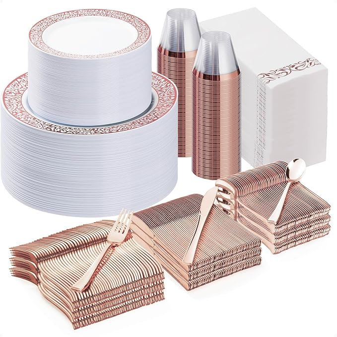 Bestluck 700PCS Rose Gold Plastic Dinnerware Set for 100 Guests, Disposable Plates for Party, Wedding, Include 100 Rose Dinner Plates, 100 Dessert Plates, 100 Set Silverware, 100 Cups, 100 Napkins