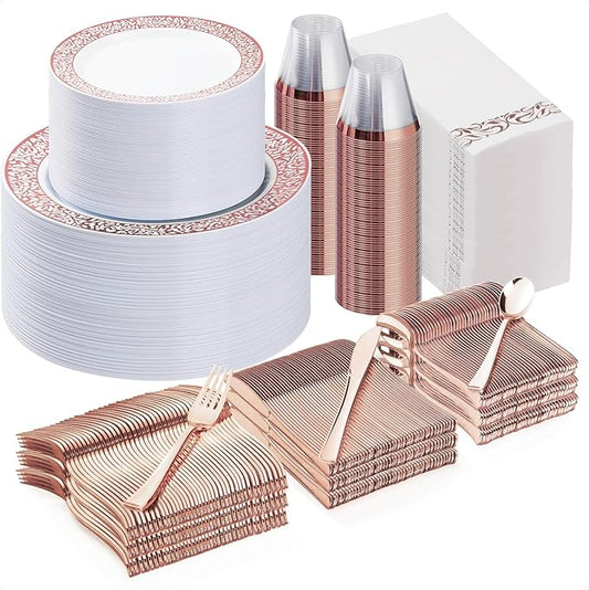 Bestluck 700PCS Rose Gold Plastic Dinnerware Set for 100 Guests, Disposable Plates for Party, Wedding, Include 100 Rose Dinner Plates, 100 Dessert Plates, 100 Set Silverware, 100 Cups, 100 Napkins