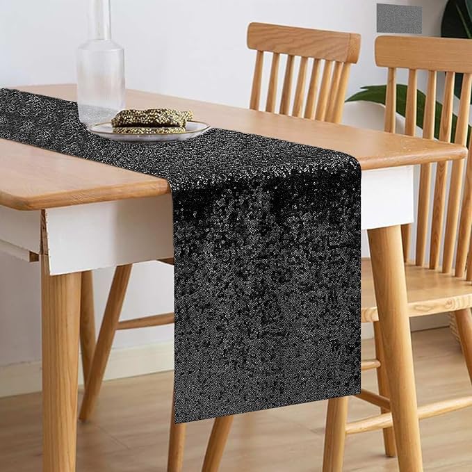 10 Packs 12 x 72 inches Black Sequin Table Runner, Glitter Runner for Birthday Party Supplies Wedding Holiday Celebration Baby Shower Engagement Anniversary Decor