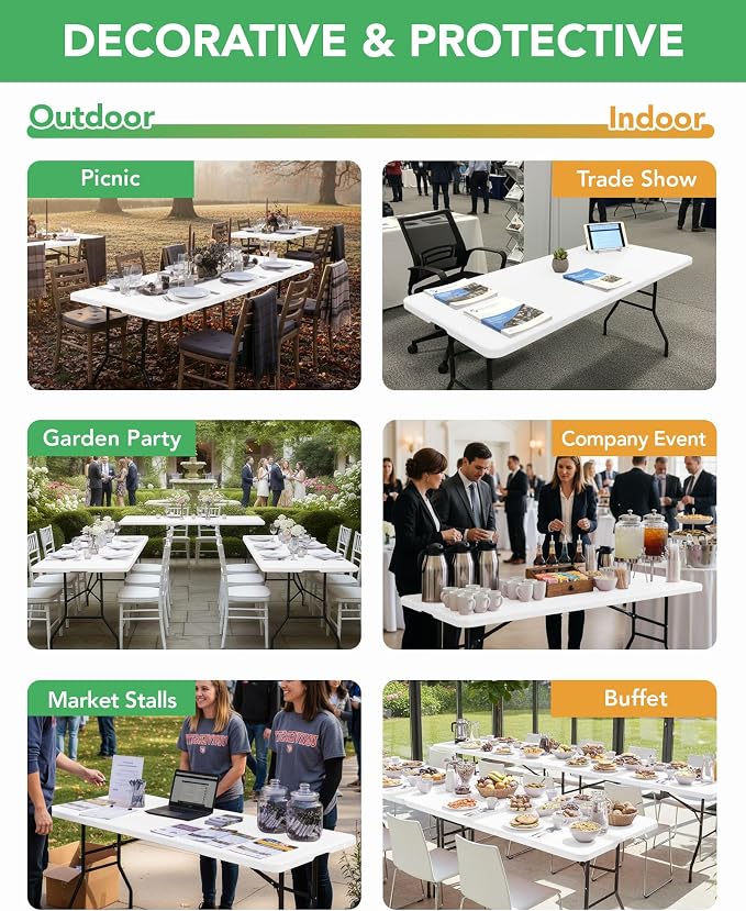 KeyWave Fitted Tablecloth Rectangle Table Cloths - 6 Pack 6 Foot Elastic Stretch Folding Table Top Cover Water-Resistant Reusable for Outdoor Picnic Camping Party Event, White, 72" L x 30" W