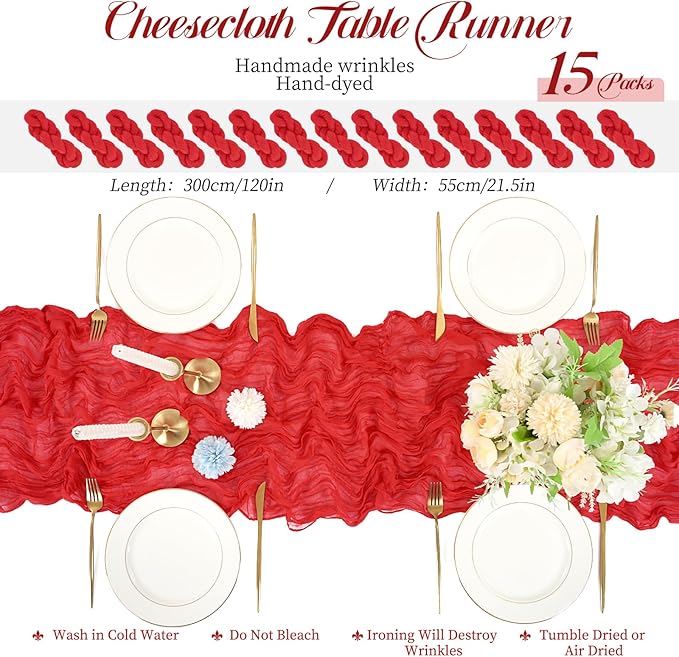15 Packs Cheesecloth Table Runner Red, 13 Ft Rustic Gauze Boho Wedding Table Runner Decoration, Wedding Table Decor Table Cloth for Wedding Party Bridal Shower Table,21.5x157in