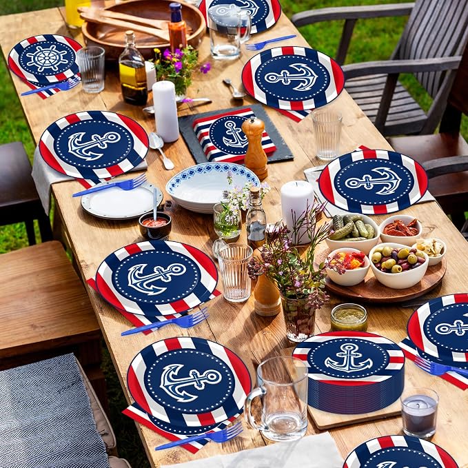 gisgfim 50 Guests Nautical Anchor Party Supplies Anchor Theme Plates and Napkins Plastic Forks Sailor Boat Ship Tableware Nautical Paper Plates for Baby Shower Birthday Party Boys Girls Kids 200PCS