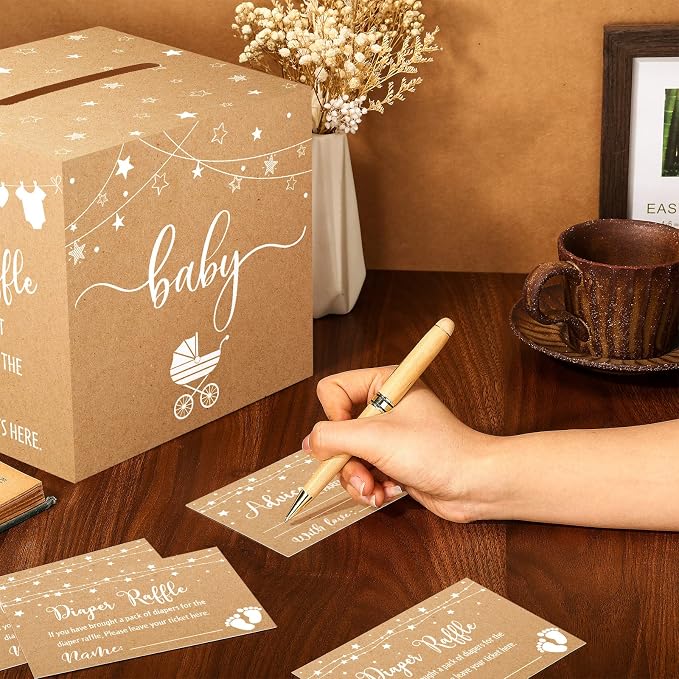 Teling 51 Pieces Diaper Raffle Tickets with Card Box Baby Shower Decorations Baby Shower Holder Box for Girl Boy Diaper Raffle Party(Kraft Paper Style)