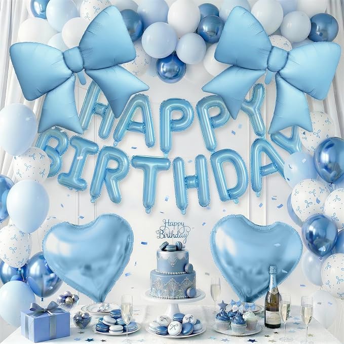 Blue Bow Birthday Decorations Pastel Baby Light Blue Metallic White Bows Print Party Balloon Happy Birthday Banner 38 In Coquette Foil Balloons Heart Balloon for Men Boys Bday Party Supplies