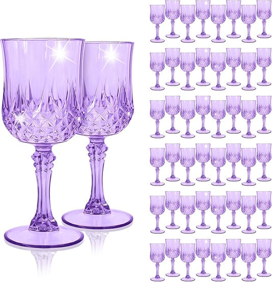 48Pack Light Purple Plastic Wine Glasses,Vintage Plastic Goblets for Parties, Light Purple Drinking Glasses Crystal Water Goblets Reusable for Wedding Reception, Grand Event Party Supplies