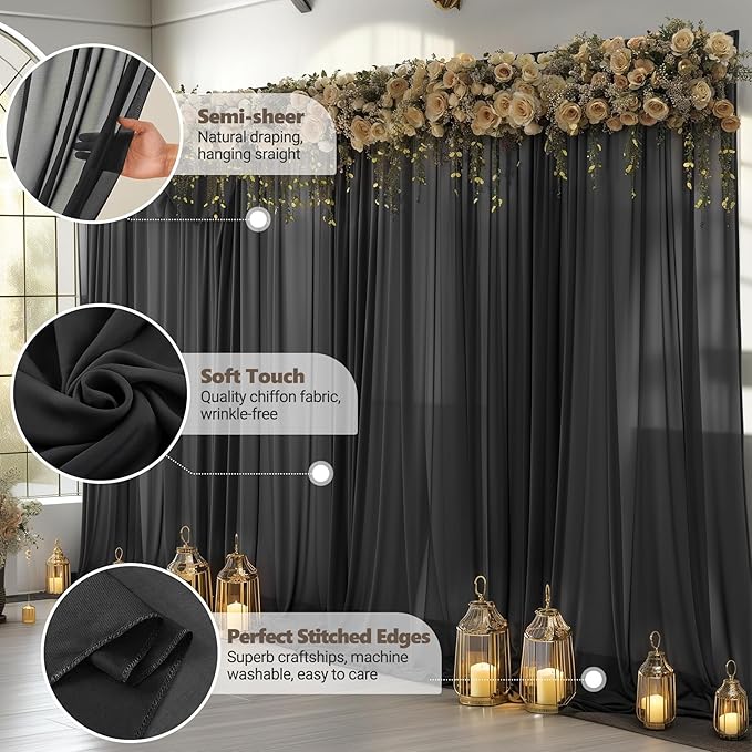 30ft x 10ft Black Backdrop Curtains, Wrinkle-Free Sheer Chiffon Fabric Photo Background Drapes for Wedding Arch Party Ceremony Stage Photography Decorations